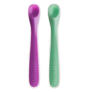Spuni baby spoons in Giggly Green & Peekaboo Purple